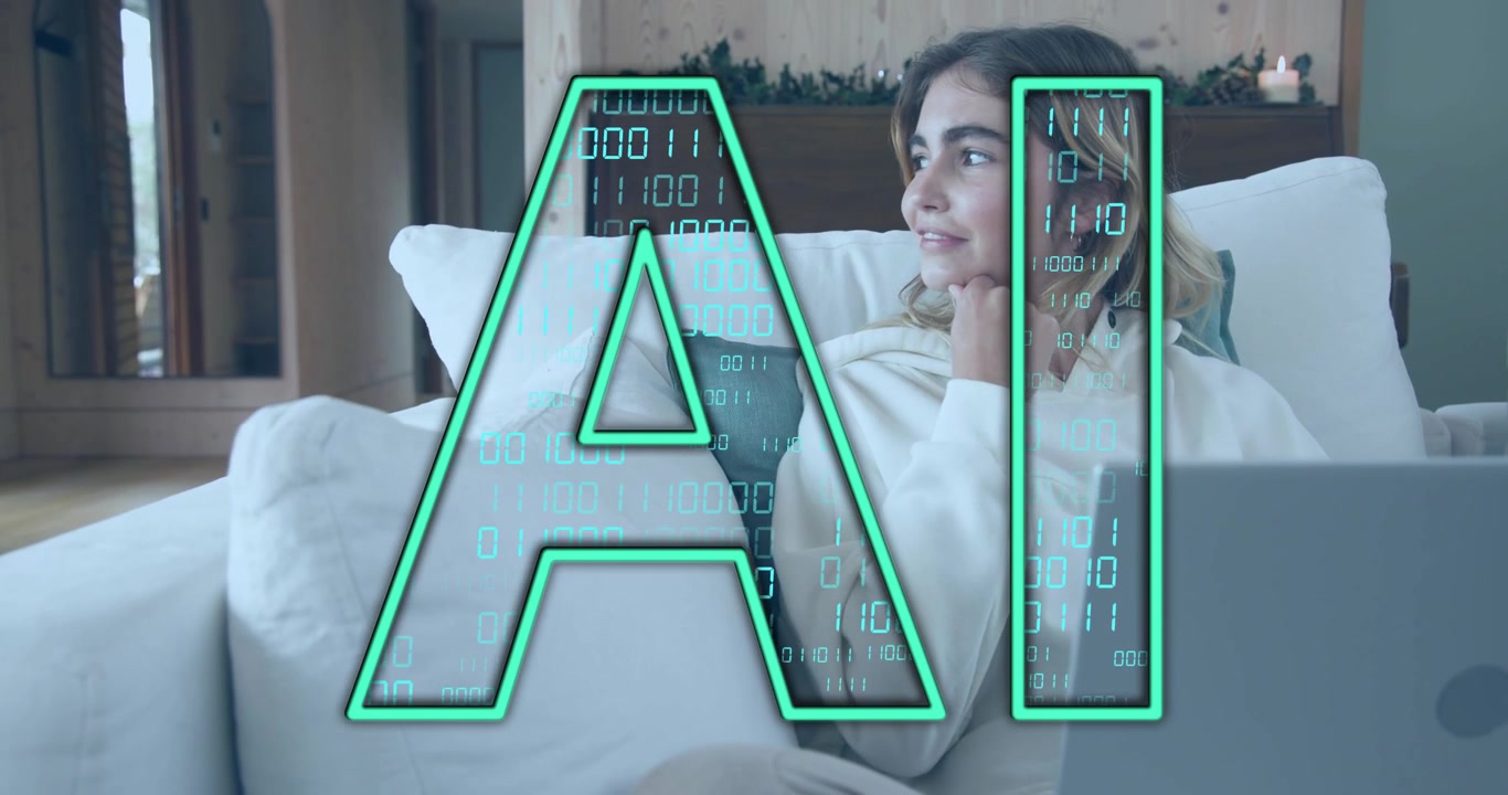 Woman sitting up and fixing gaze on silver laptop keyboard, AI overlay guiding technology learning