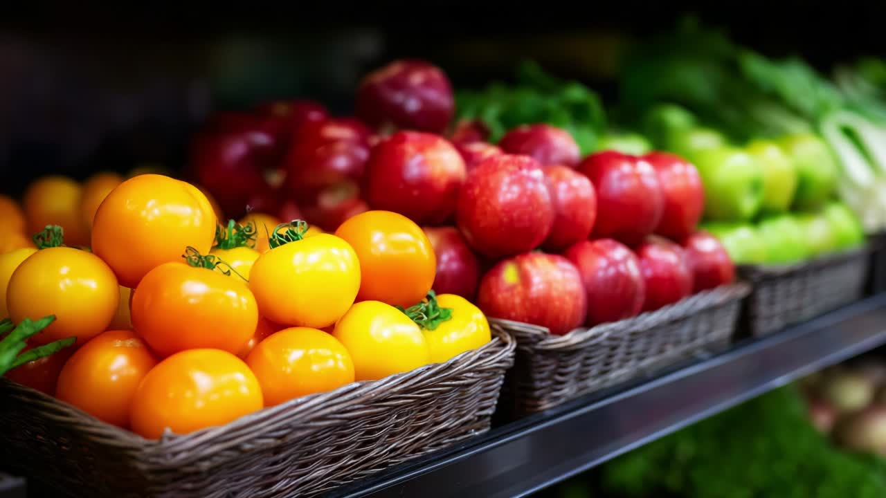 A Vibrant Display of Fresh Fruits: Yellow Tomatoes and Red Apples Arranged in Baskets, Showcasing the Rich Colors and Natural Beauty of Seasonal Produce in a Grocery Store Setting