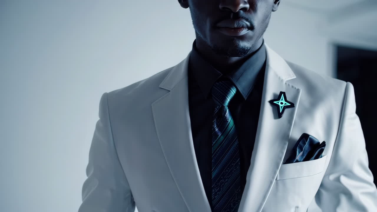 Stylish Man in White Suit with Glowing Lapel Pin