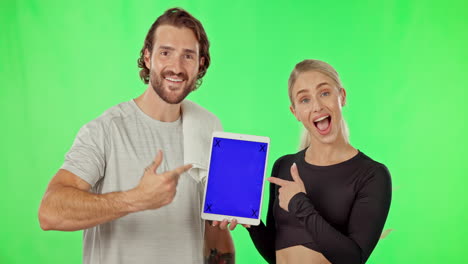 pantalla verde, personas o apuntando a la tableta