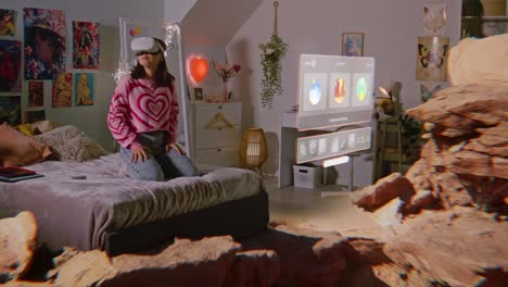 mujer con auriculares vr en un dormitorio inmersa en un entorno virtual