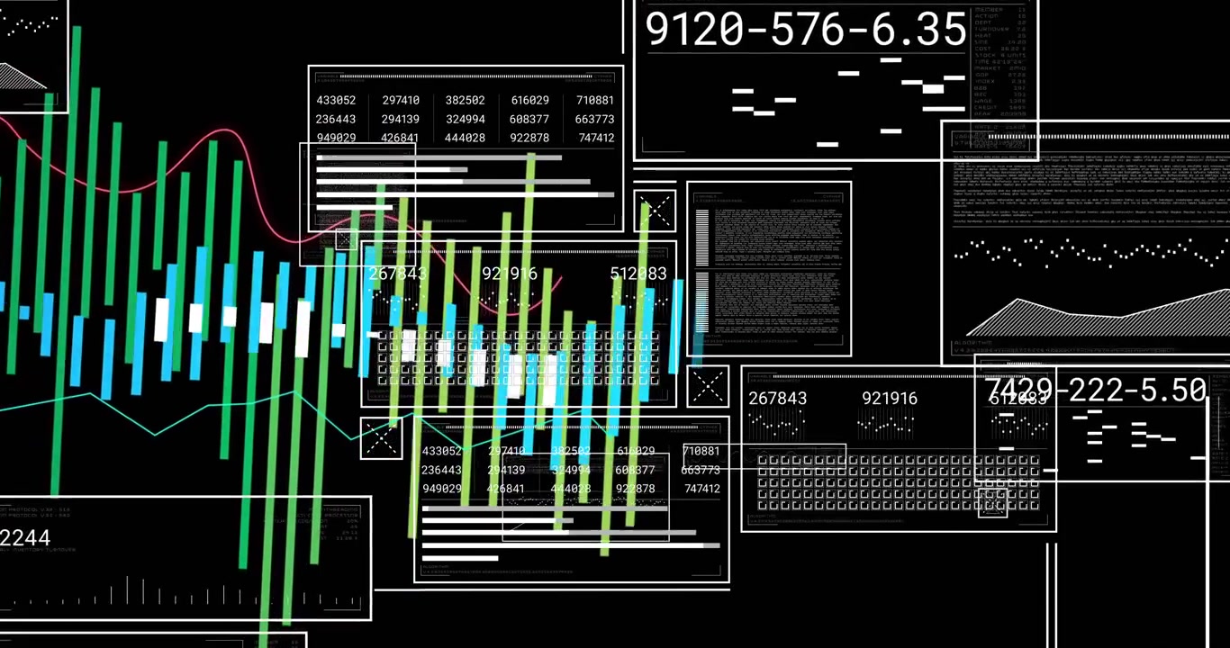 Wireframe-panelen verschijnen bij het opstarten, begeleiden stijgende balken en werken vensters bij voor data-analyse.