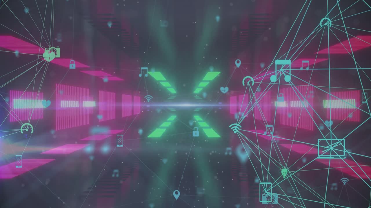 animación de iconos de túnel digital y medios en fondo negro