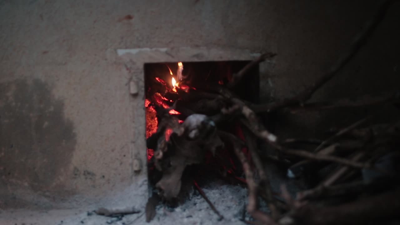 전통적인 인도 난로에서 불타는 숲의 확대 샷