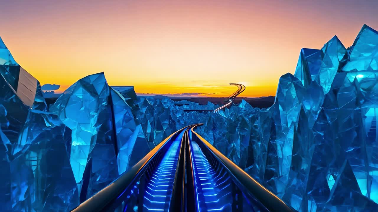 Experience the thrill of riding a roller coaster through a neon lit ice canyon at sunset. The track cuts through glowing blue ice formations, creating a surreal and dynamic journey