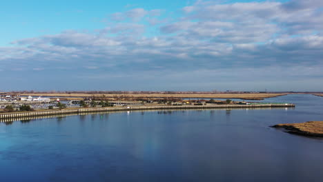 an aerial shot over the waters in freeport, ny