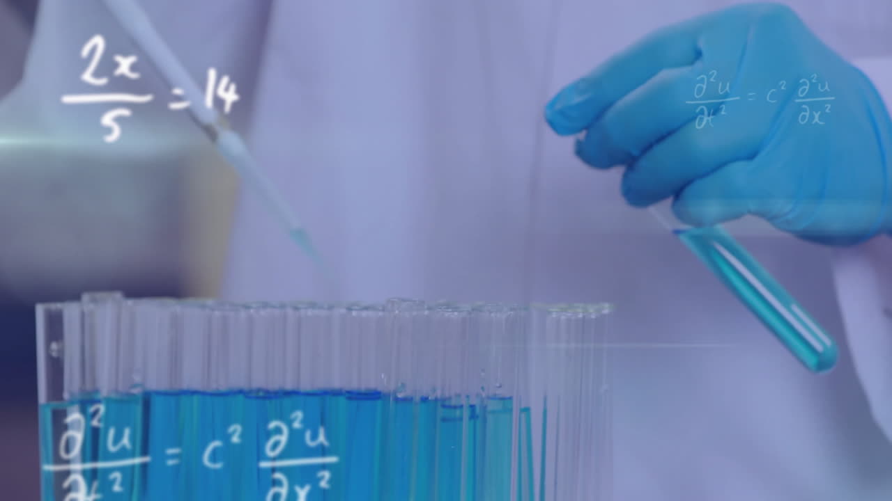 Animation of mathematical equations over caucasian scientist doing experiment in lab