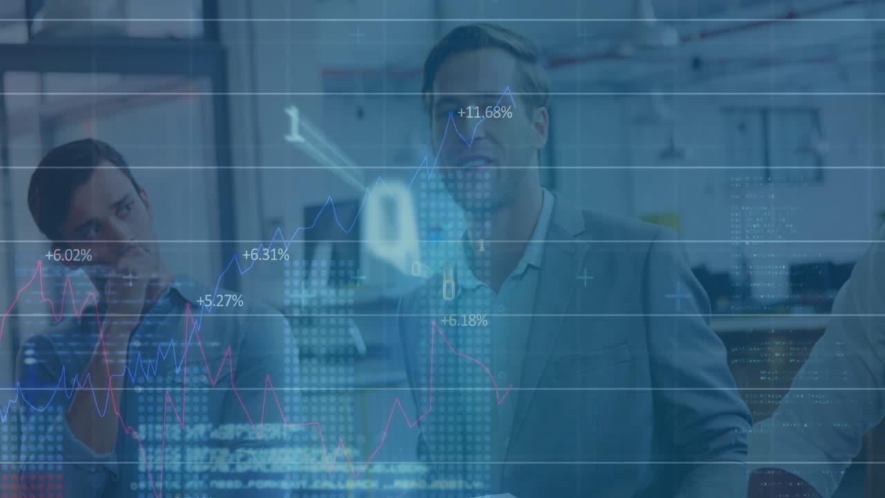 Animasjon av finansdatabehandling over forretningsfolk på kontor
