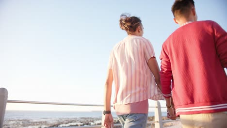 happy diverse gay male couple walking and holding hands at promenade by the sea, slow motion