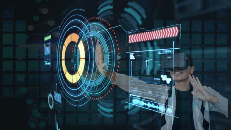 usando auriculares de realidad virtual, persona interactuando con una interfaz digital futurista