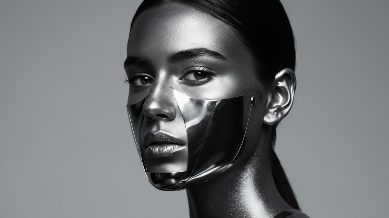 Retrato Deslumbrante Apresentando uma Modelo com Máscara Facial Metálica e Acabamento Prateado Elegante, Capturando uma Mistura Única de Arte e Estética Moderna