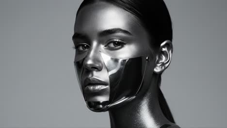 stunning portrait featuring a model with metallic facial mask and sleek silver finish, capturing a unique blend of artistry and modern aesthetics