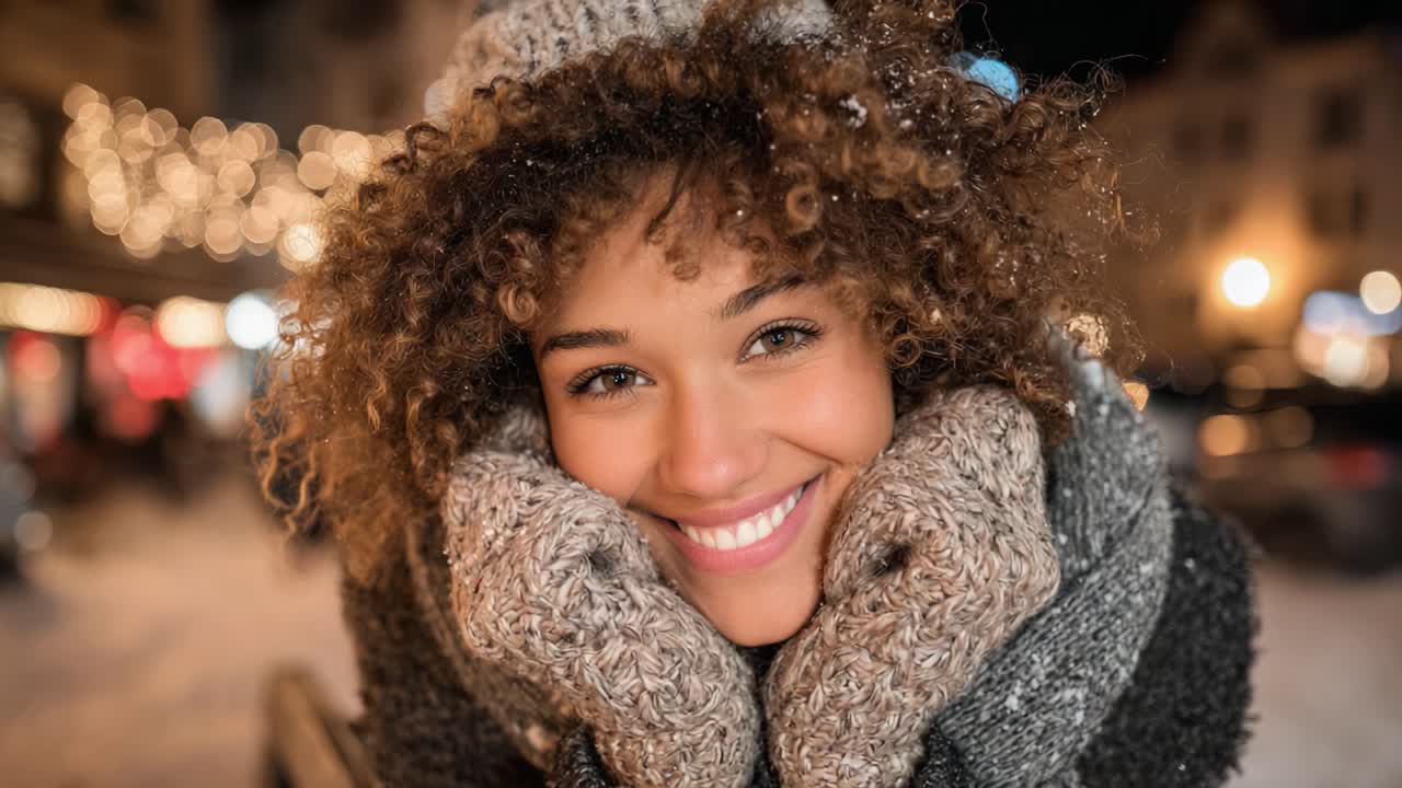 A Warm Smile in a Winter Wonderland: A Joyful Young Woman Embracing the Chill with Cozy Sweaters and Soft Gloves Amidst a Glimmering Holiday Atmosphere