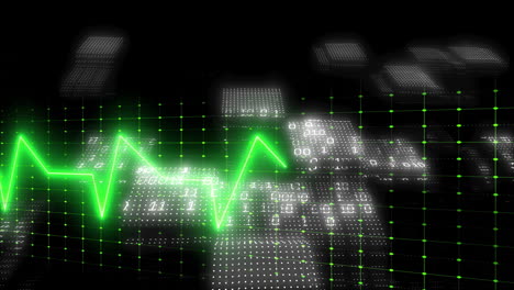 green heartbeat line animation over digital grid with binary code patterns