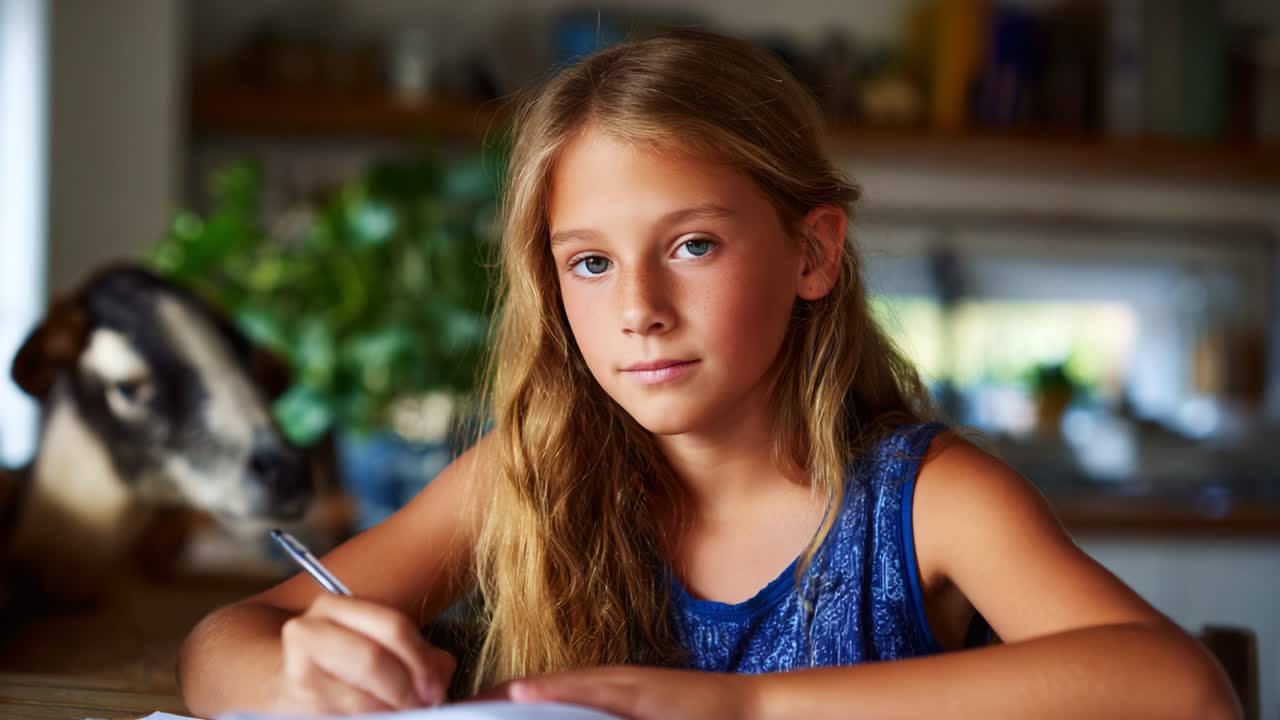 若い女の子が自宅で作文の課題に集中している様子を、背景にいる好奇心旺盛なヤギと共に捉え、穏やかで創造的な学習環境を表現しています。