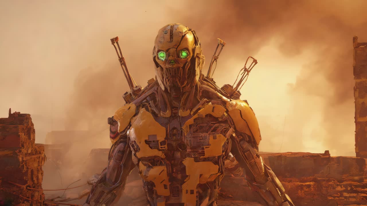 Un Robot Giallo in un Paesaggio Post-Apocalittico
