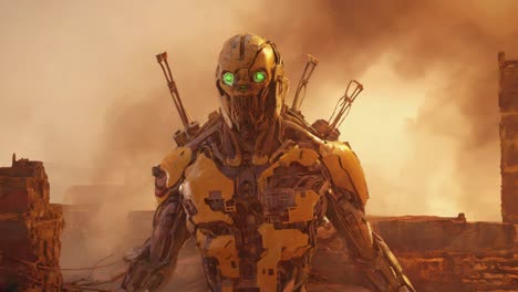 a yellow robot in a post-apocalyptic landscape