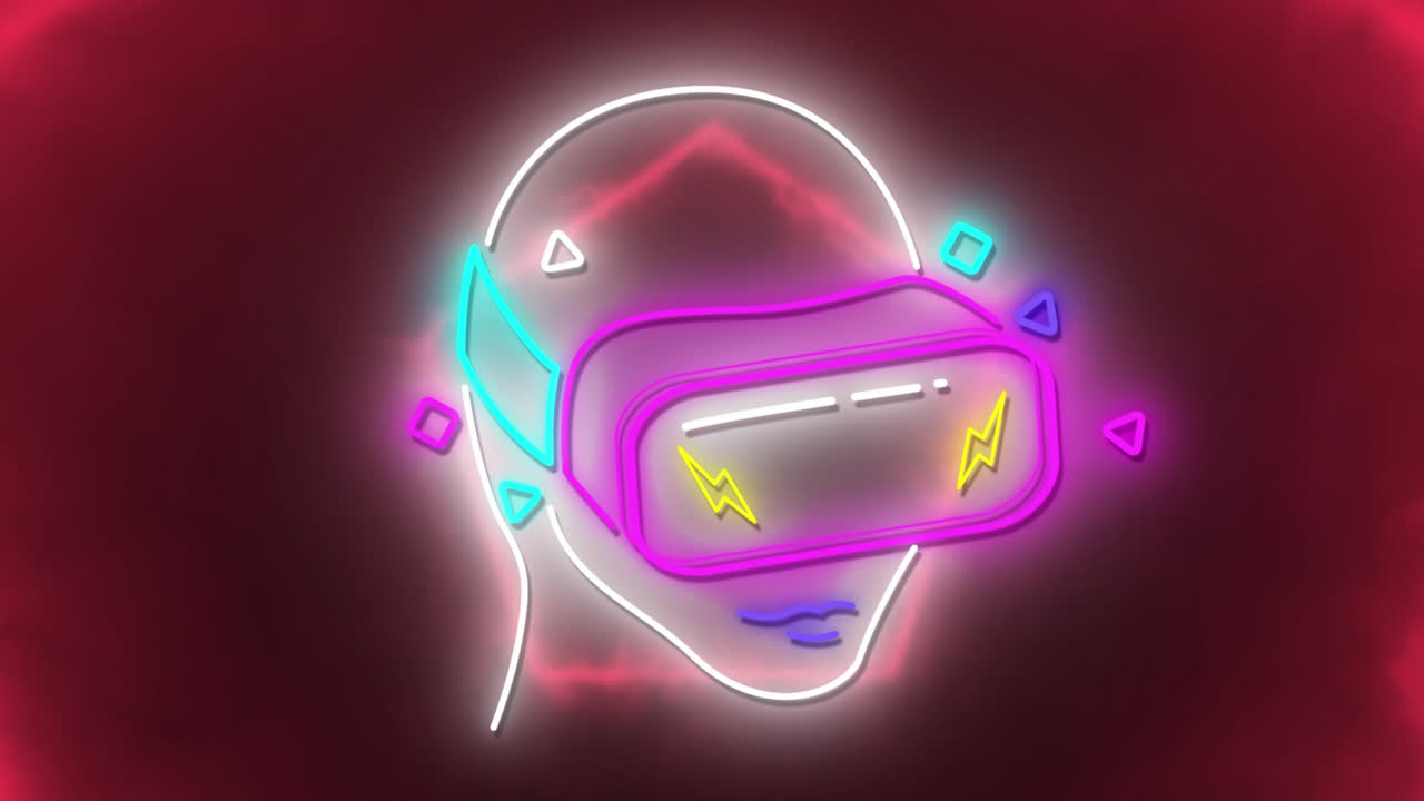 Rappresentazione al neon di una persona che indossa un visore VR con contorni esagonali colorati su sfondo nero