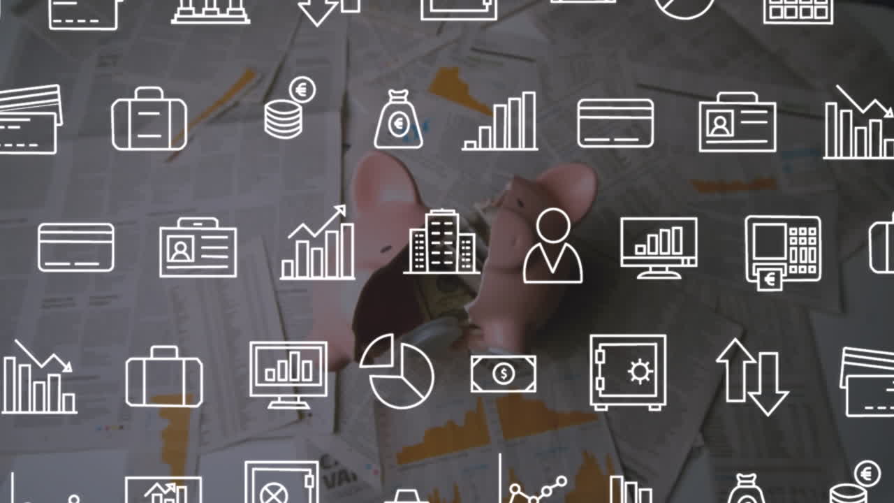 animación de iconos digitales moviéndose contra la alcancía cayendo y rompiendo documentos en el suelo