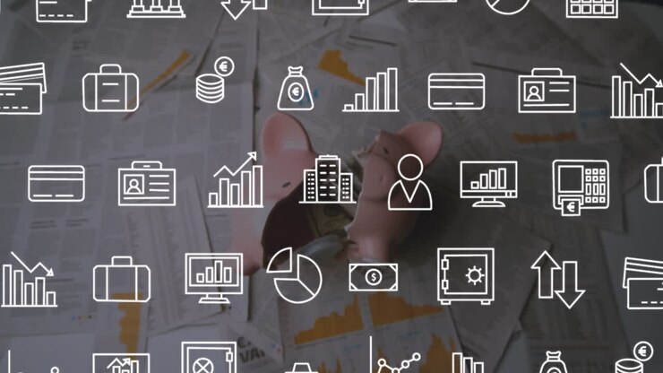 Animation of digital icons moving against piggy bank falling and breaking over documents on floor