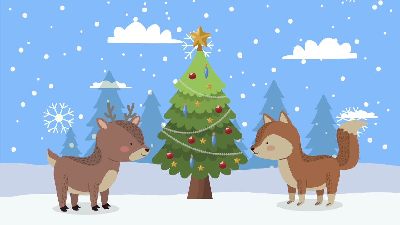 merry christmas animation with deer and fox