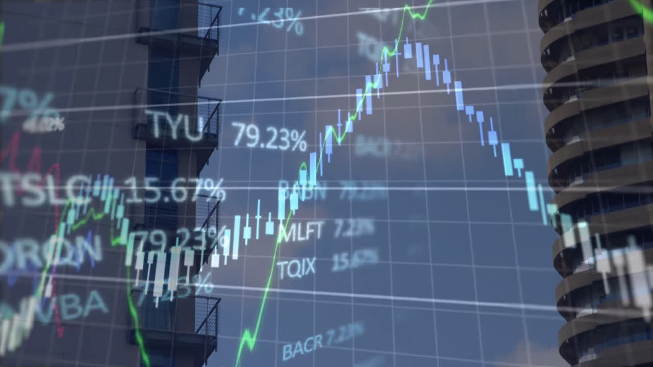 Animasjon av finansdata og grafer over bybygninger