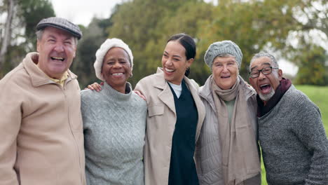 hug, face and a caregiver with people in nature