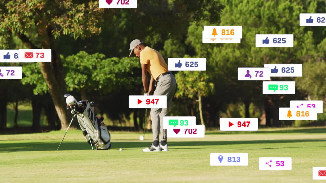 Golfer lining up putt on golf course fairway, showcasing floating social media icons for marketing
