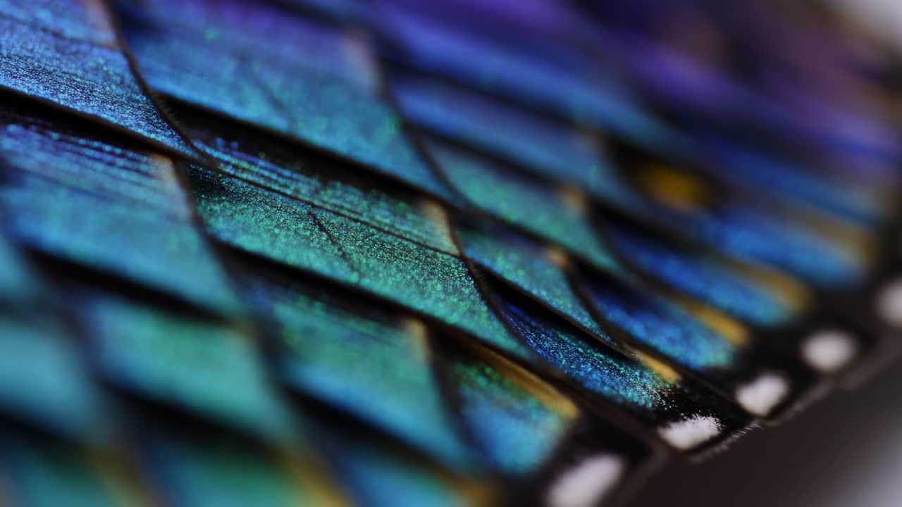 Close-up Sisik Sayap Kupu-kupu Berwarna Pelangi, Mikrotekstur Biru Kehijauan yang Berkilauan Dengan Sisik Berlapis dan Sangat Kecil