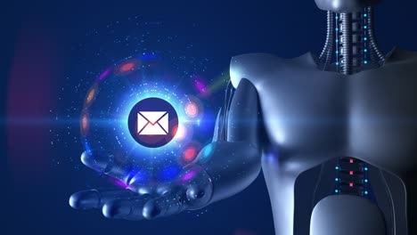 futuristic humanoid robot holding 3d email symbol