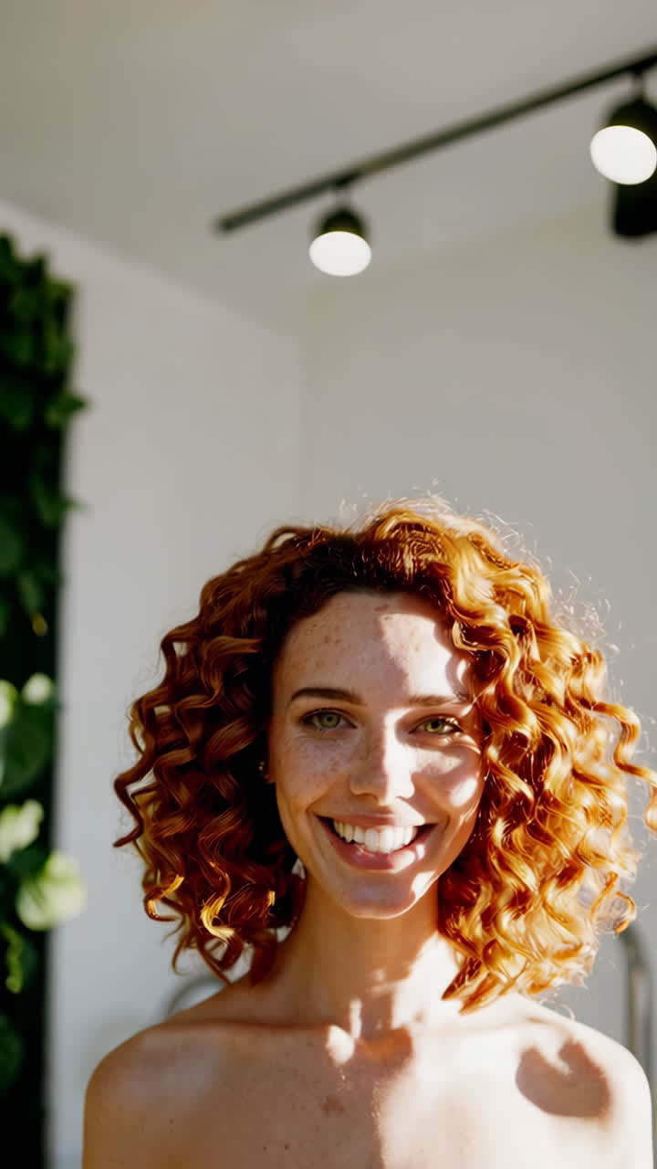 Woman with Red Curly Hair and Freckles in front of a Plant Wall