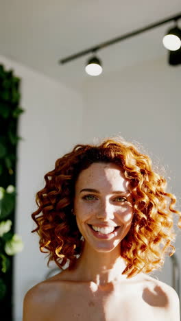 woman with red curly hair and freckles in front of a plant wall
