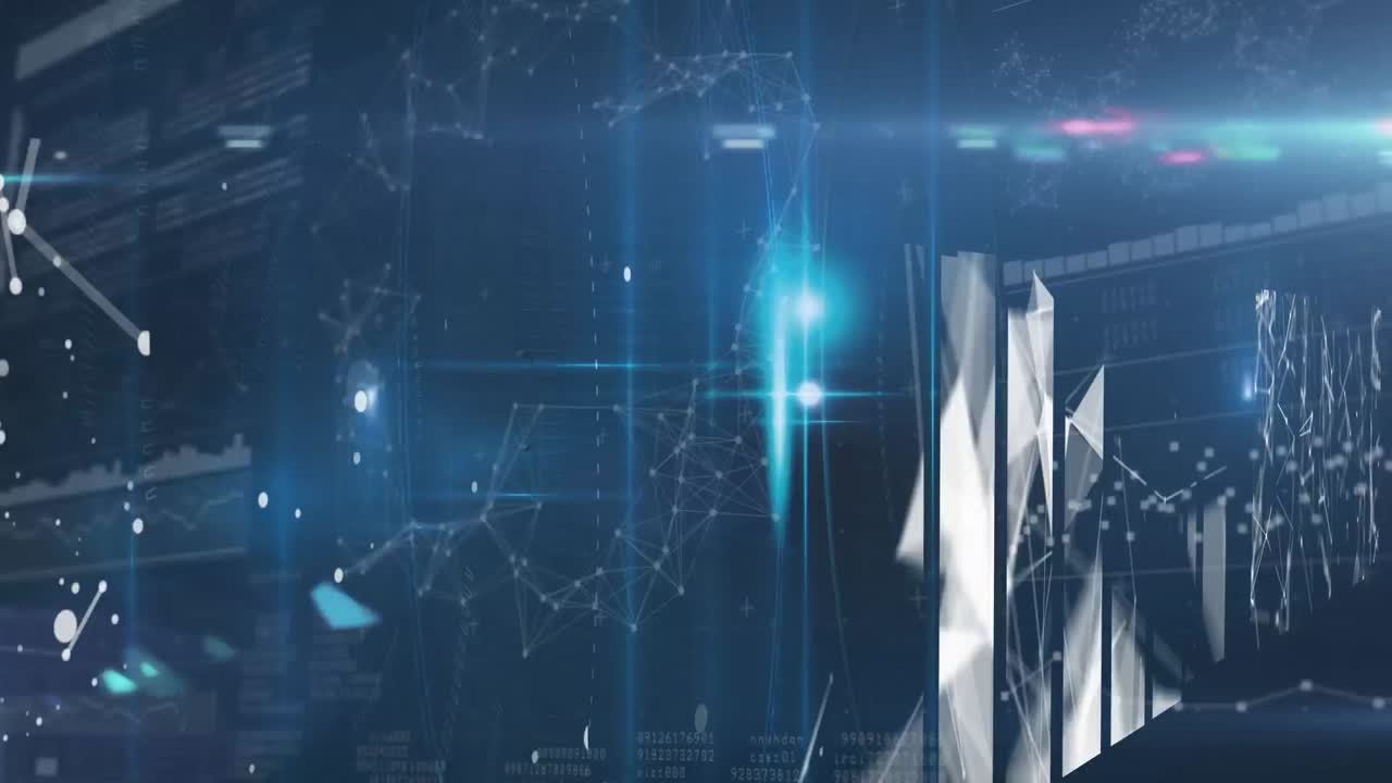 animación de puntos de luz y procesamiento de datos a través de una red de conexiones