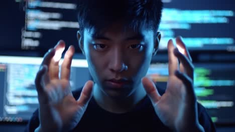 a young programmer harnesses digital energy while coding, surrounded by lines of code and an intense focus that showcases the power of technology and innovation
