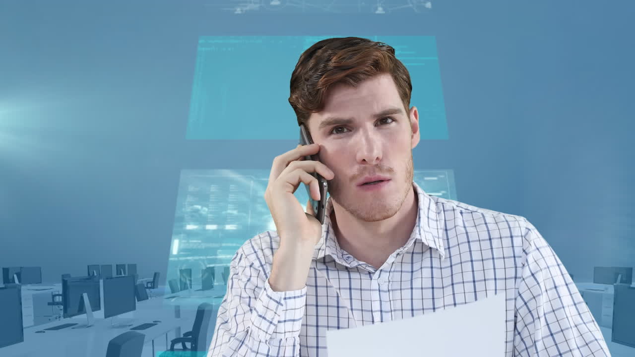 Animation of businessman speaking on smartphone over data processing on screens over empty office