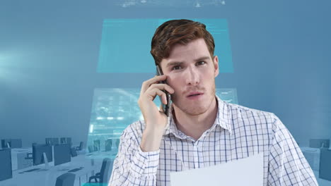animación de un hombre de negocios hablando en un teléfono inteligente sobre el procesamiento de datos en pantallas sobre una oficina vacía