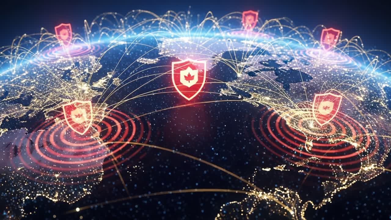 Global Cybersecurity Landscape: Visualizing Network Protection and Data Security with Shields Representing Safeguarded Connections Across Continents