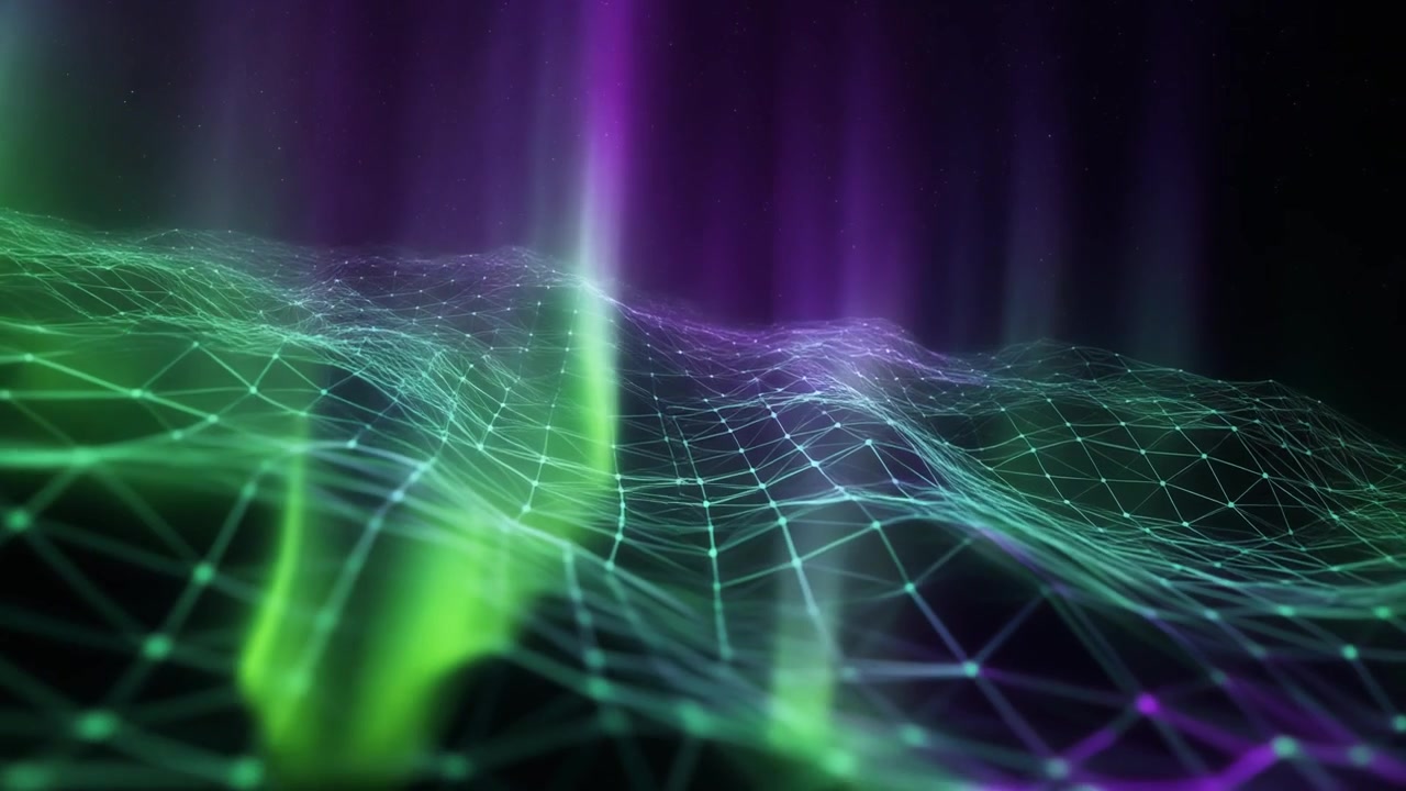 Abstract Digital Landscape with Glowing Green and Purple Light Beams