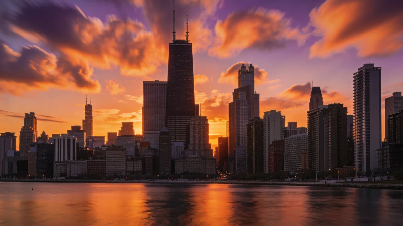 Mostrando uno skyline sul lungomare con una torre centrale, nuvole in movimento e l'acqua che riflette il sole che scende, tingendo il cielo di sfumature.