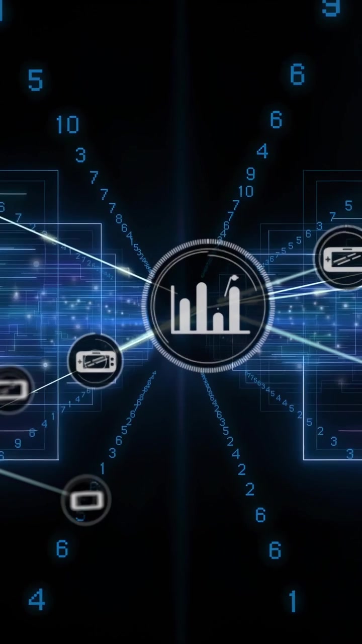 Vertical video: Analytics hub activating, emitting lines and blue digits, nodes forming network