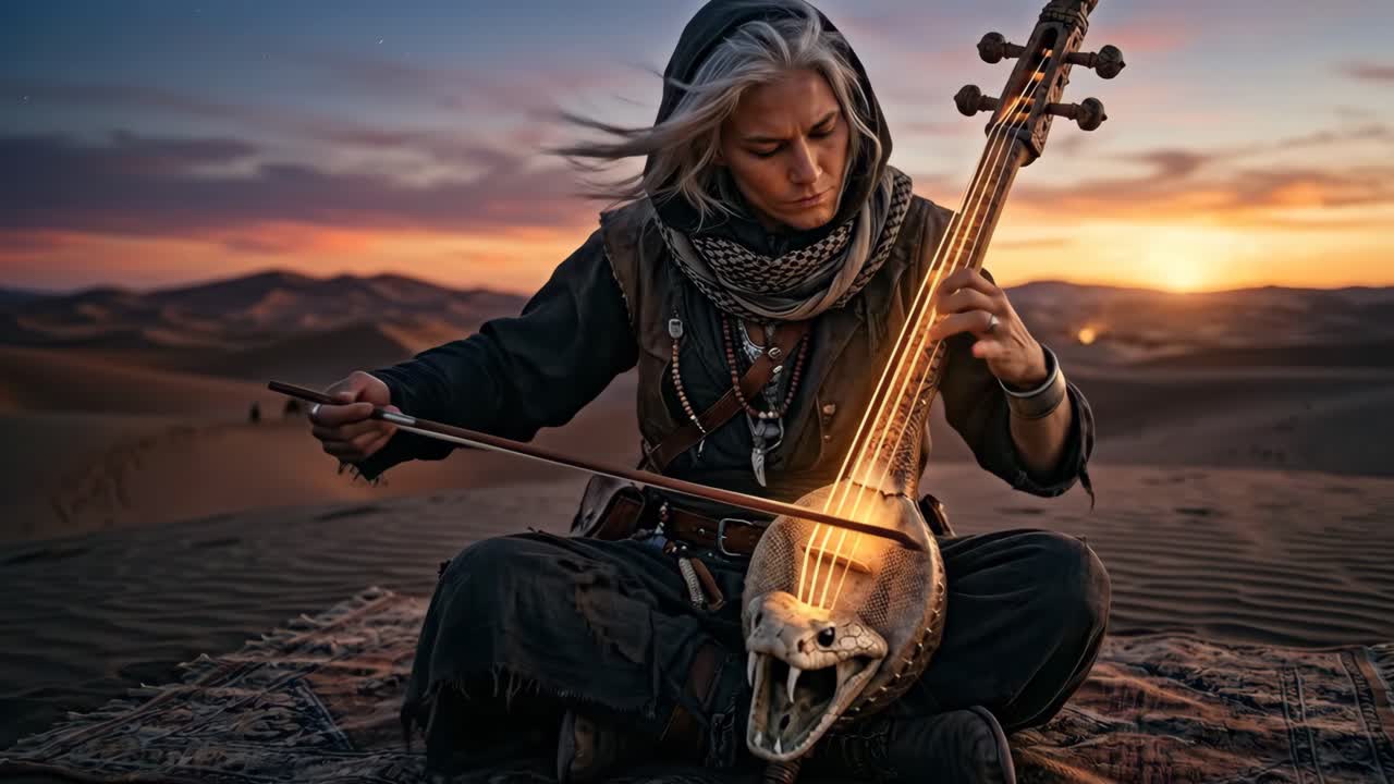 Frau spielt mystisches Saiteninstrument in der Wüste bei Sonnenuntergang