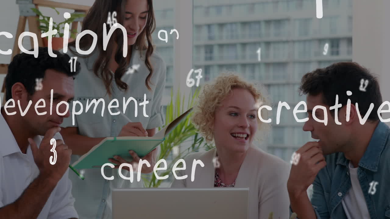 Animation of education texts over diverse business people working in office