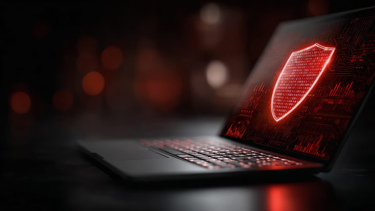 Et glødende rødt skjold symbol på en bærbar skærm repræsenterer avancerede cybersikkerhedsforanstaltninger og digital beskyttelse inden for moderne teknologi