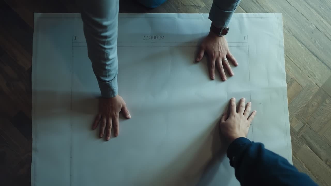 Placing hands, two men smoothing plan on parquet floor for review, gray-dark sleeves, watch seen