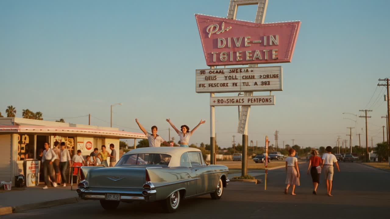 A Nostalgic Drive-In Experience: Enjoying a Sunset at a Classic American Diner with Vibrant Colors and Retro Cars Capturing a Timeless Moment