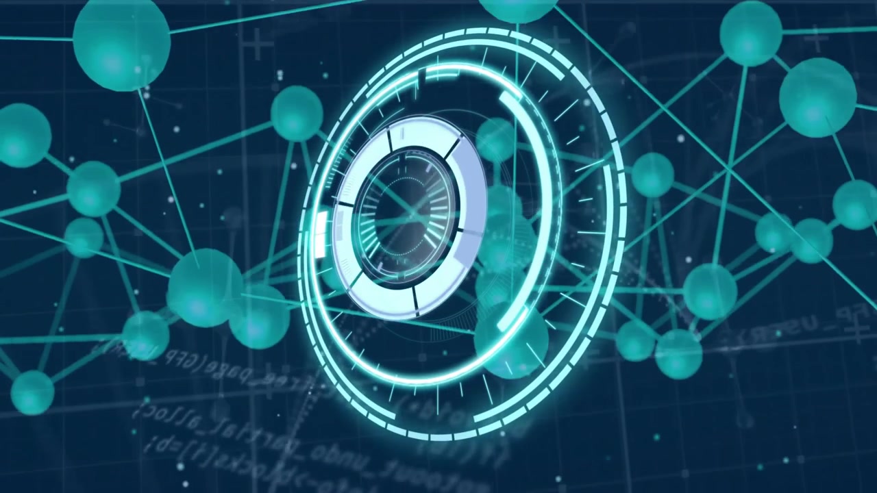 Upon startup central HUD spinning clockwise while 3D network nodes pulsing visualizing data flow