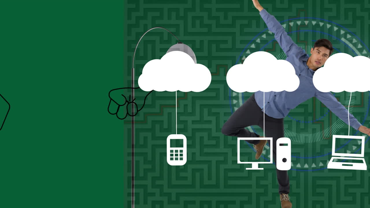 animación de iconos sobre hombre asiático y laberinto sobre fondo verde.