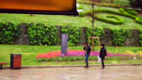 the couple is walking under the rain in the park of gulhane in istanbul in slow motion