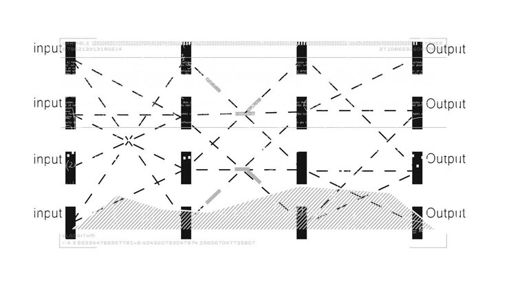 Network diagram with inputs and outputs over data processing animation