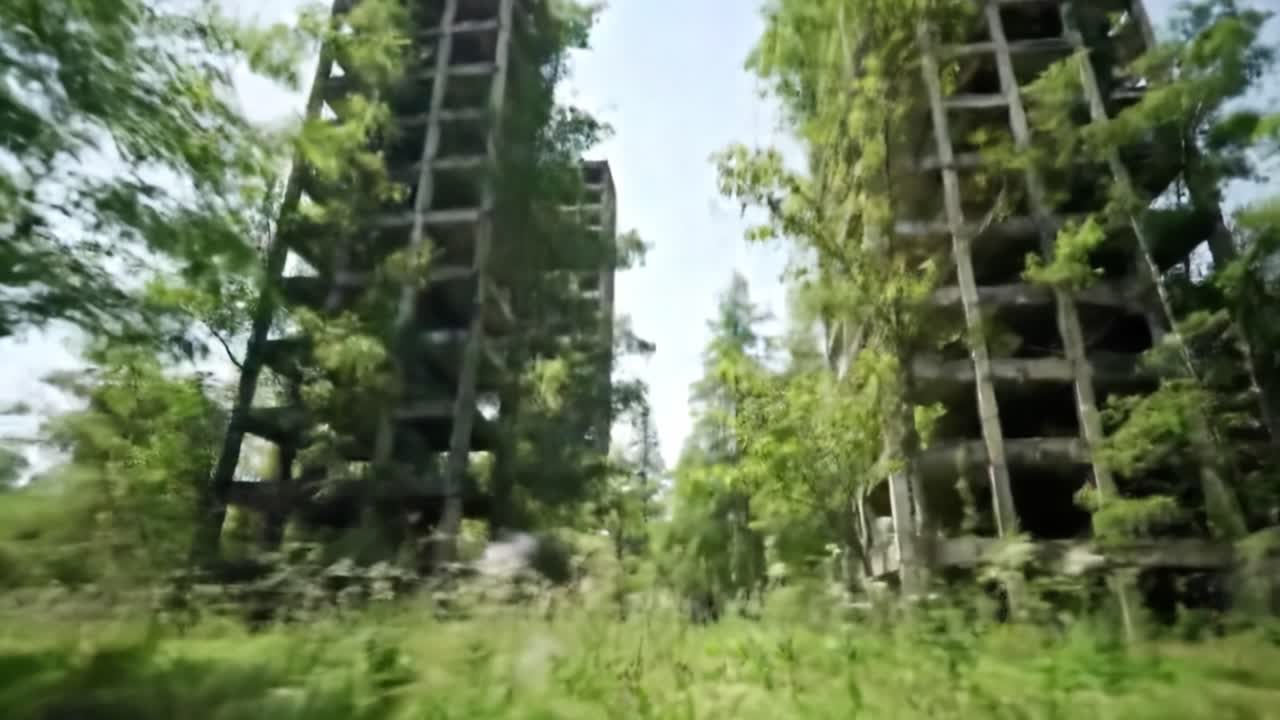 Discover the remnants of an abandoned urban area where nature reclaims its space. Skyscrapers covered in greenery create a striking contrast against the vibrant foliage surrounding them.